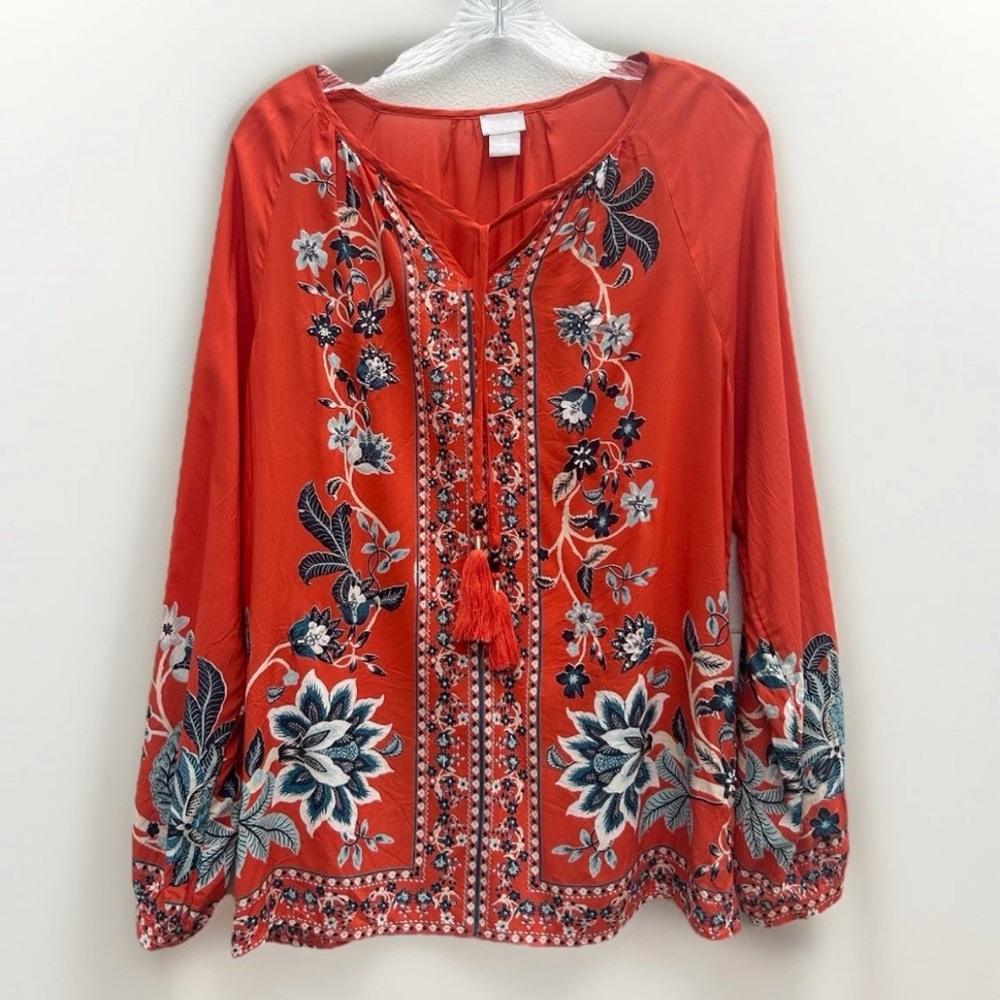 Chico’s Blouse Top 0/small Floral Peasant 100% Modal Tasseled Boho Printed Multi